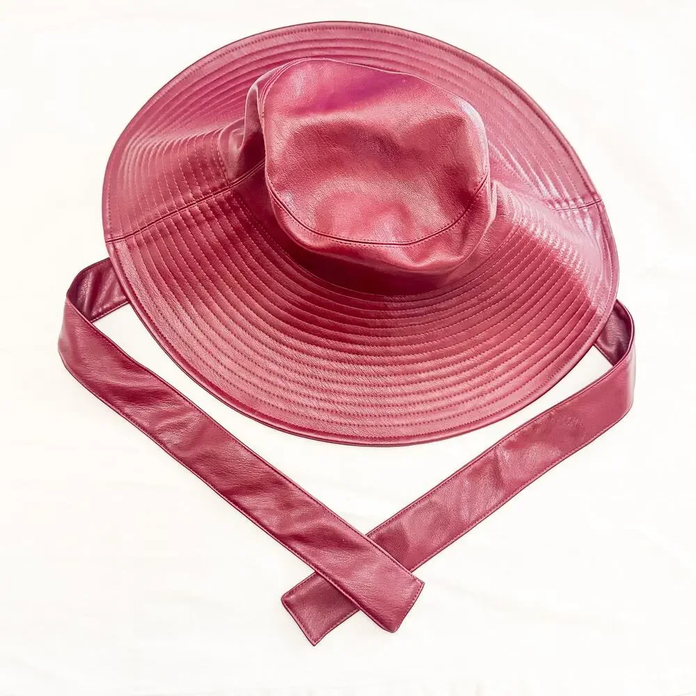 & Other Stories Burgundy Faux Leather Bucket Hat Wide Topstitch Brim Side Straps